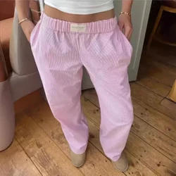 Fashion Cotton Pocket Loose Pants Women's Summer Straight Leg Pants Mid Waist Elastic Wide Leg Pants
