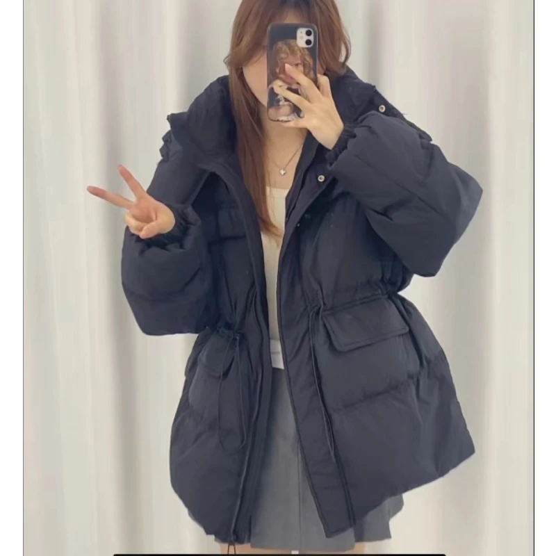 Women\'s Mid-Length Loose Down Jacket with Stand Collar, Warm Parkas, Drawstring Coats, Female Winter Coat, Korean, New, 2024