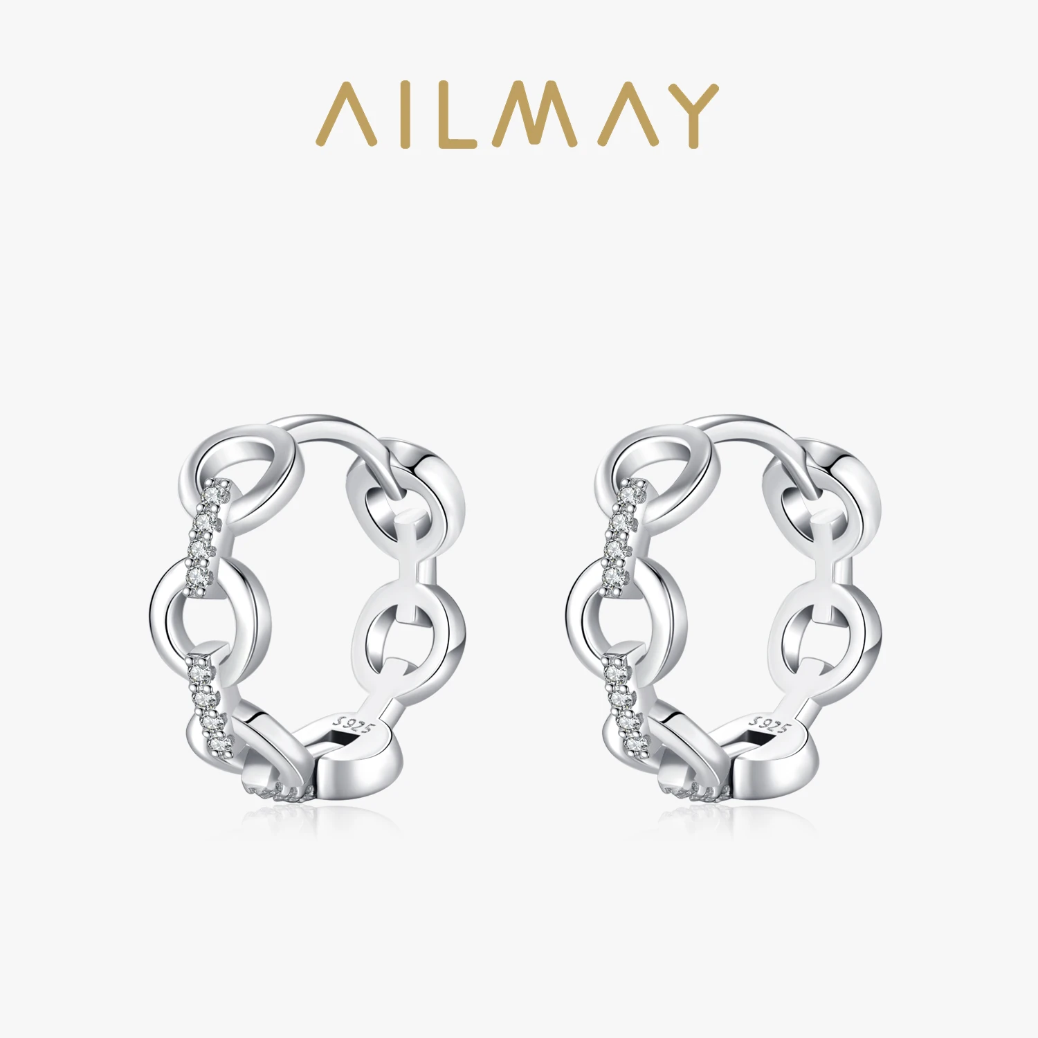 Ailmay 925 Sterling Silver Fashion Charm Chain Circular Zirconia Hoop Earrings For Women Wedding Engagement Fine Female Jewelry