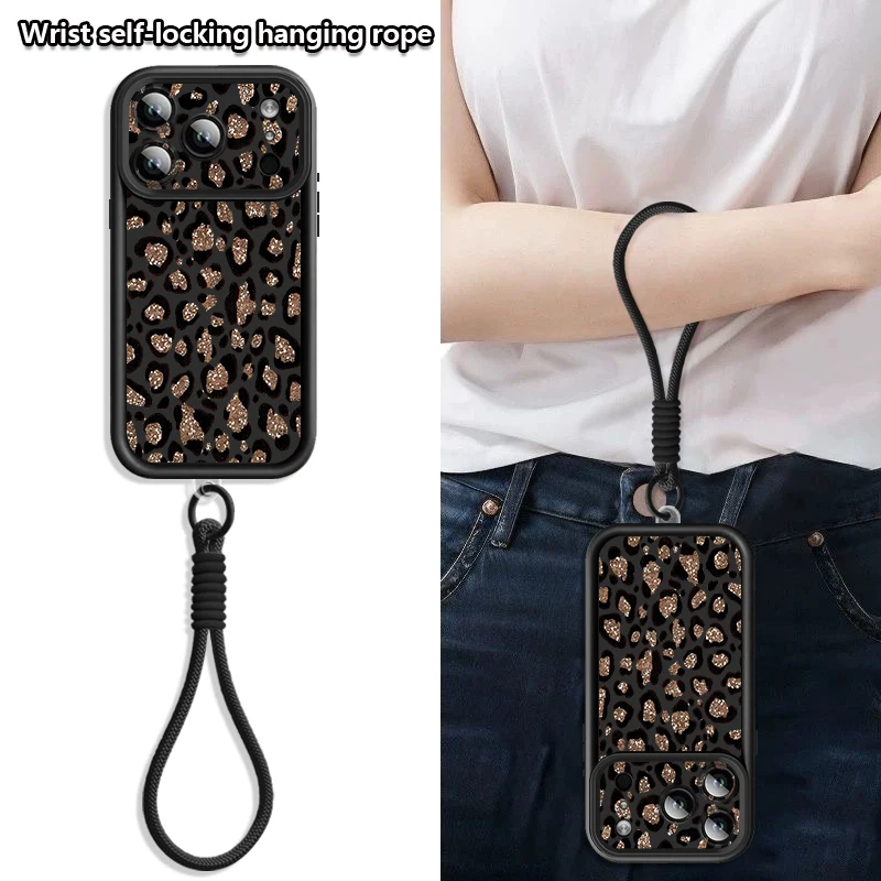 Brown Leopard Printed Lanyard Phone Case For iPhone 17e 17 Pro Max 16 15 14 13 Pro Max 16e Soft Silicone Wrist Strap Back Cover - view 6