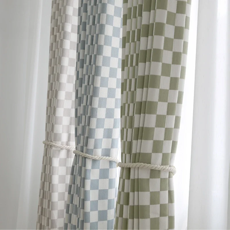 Chenille Dyed Plaid Fabric Curtains for Living Room Bedroom Instagram Style Geometric Modern Minimalist Jacquard Craft Curtains