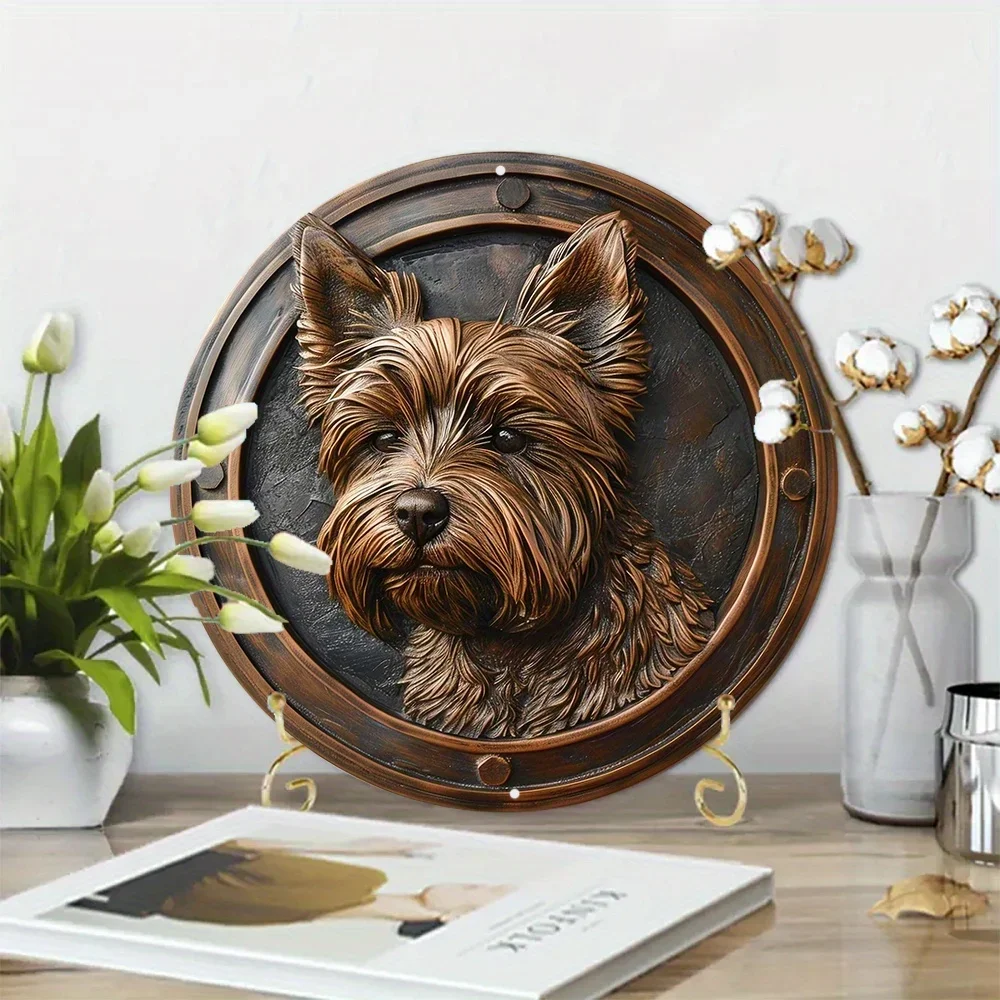 Aluminum Faux Embossing Painted Round Wreath Sign Bedroom Decoration Valentine\'s Day Gifts Yorkshire Terrier Themed Decoration