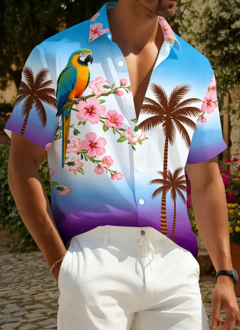 Men's Tropical Parrot & Floral Print Short Sleeve Shirt, Hawaiian Vacation Graphic for Summer Beach and Daily Casual Wear
