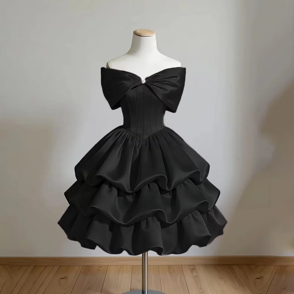 Women Satin Dresses Off The Shoulder Bow Neck Mini Evening Gown Tiered Ruffle Skirt Sweet Birthday Party Dresses
