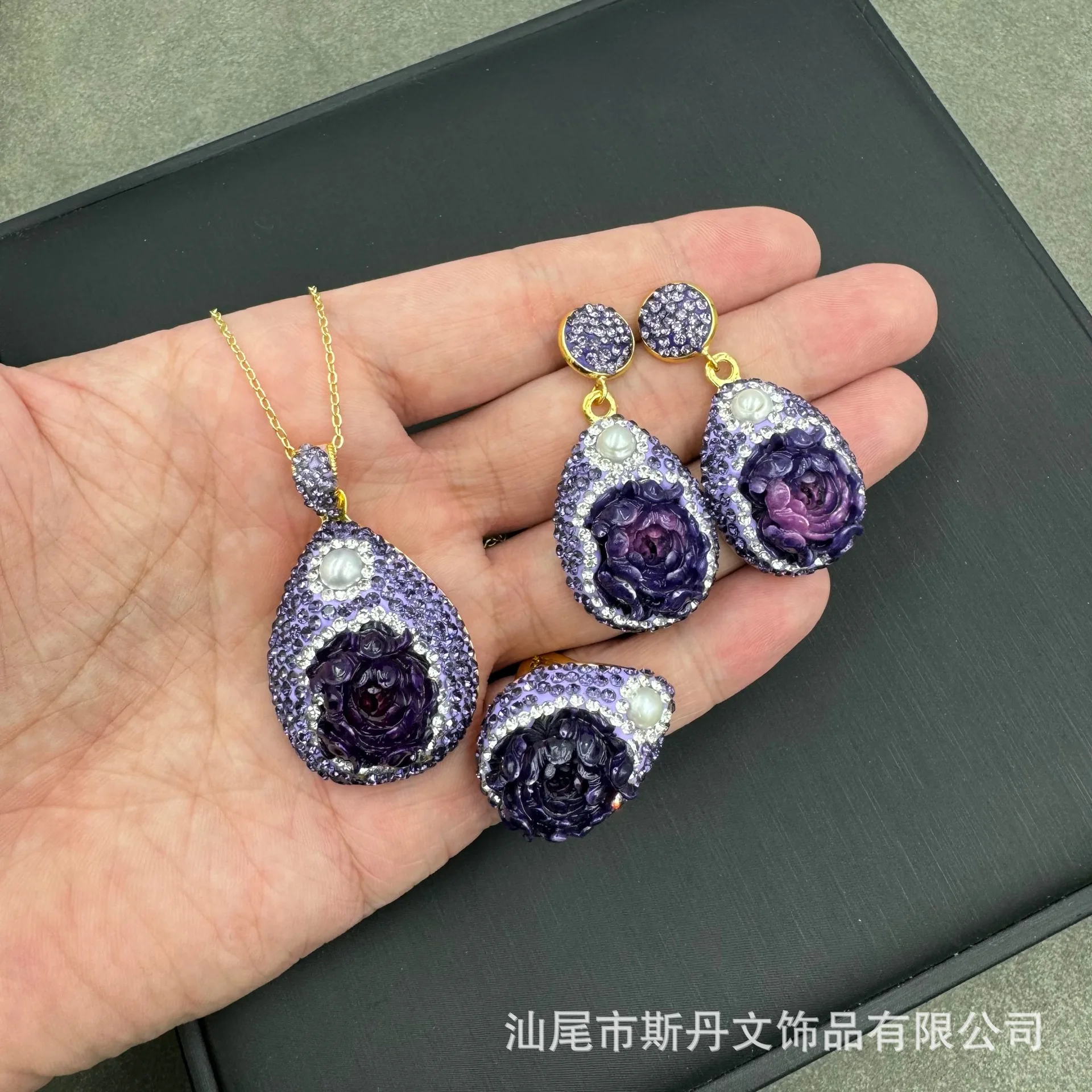 

National style peony flower clothing hand-carved high-end jewelry light luxury jewelry crystal, necklace earrings ring