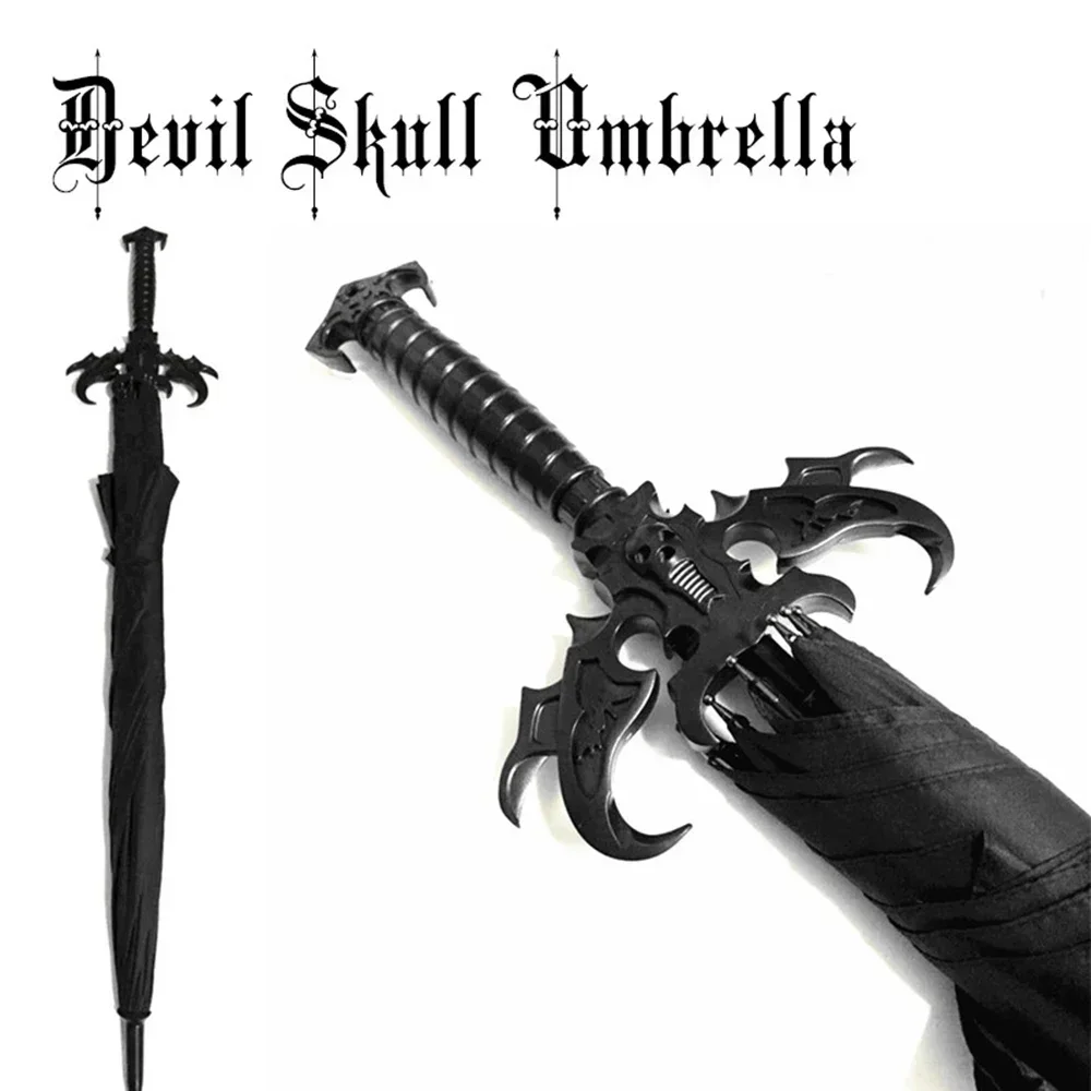 Gothic Style Devil Personality Umbrella Straight Handle Holy Sword Modeling Demon Skull Black Automatic Sunshade Umbrellas