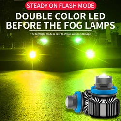 Flash dual color Laser led headlight Lemon greeen color h7 h11 9005 9006 50w led lens fog light yellow green white car led bulbs