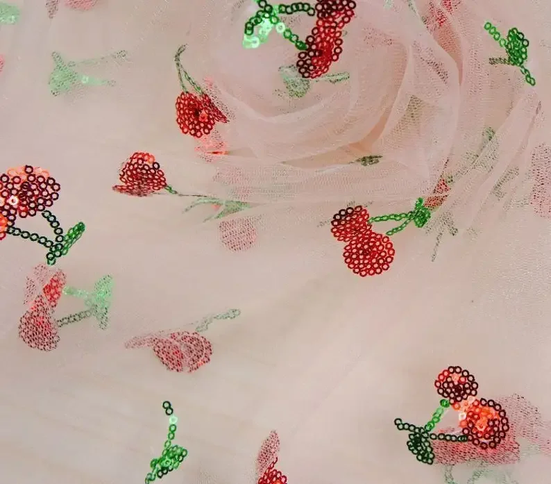 

Кружевная ткань с блестками и вышивкой вишни, розовая тюлевая ткань с блестками для свадебного платья, свадебное платье, детское платье для девочки