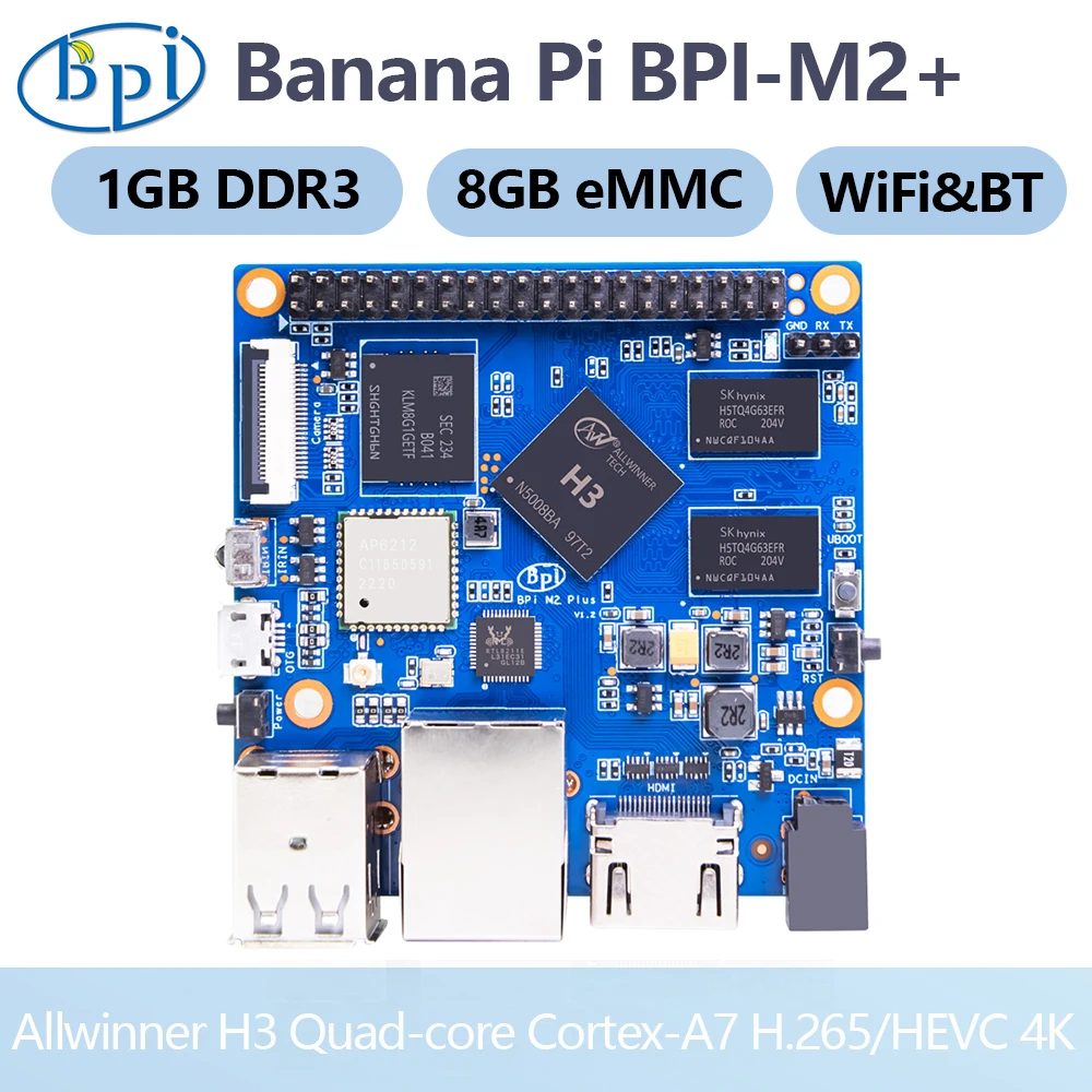 Banana Pi BPI-M2+ Allwinner H3 Quad-core 1.2GHz Cortex-A7 1GB DDR3 8GB eMMC With WiFi BT4.0 Support Android Linux Raspberry Pi