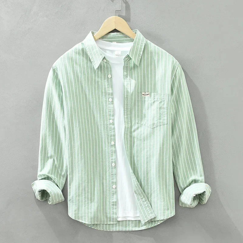 Autumn New Green Striped Shirt for Men Cotton Long Sleeve Oxford Shirts Fashion Non-elastic Loose Men's Clothing