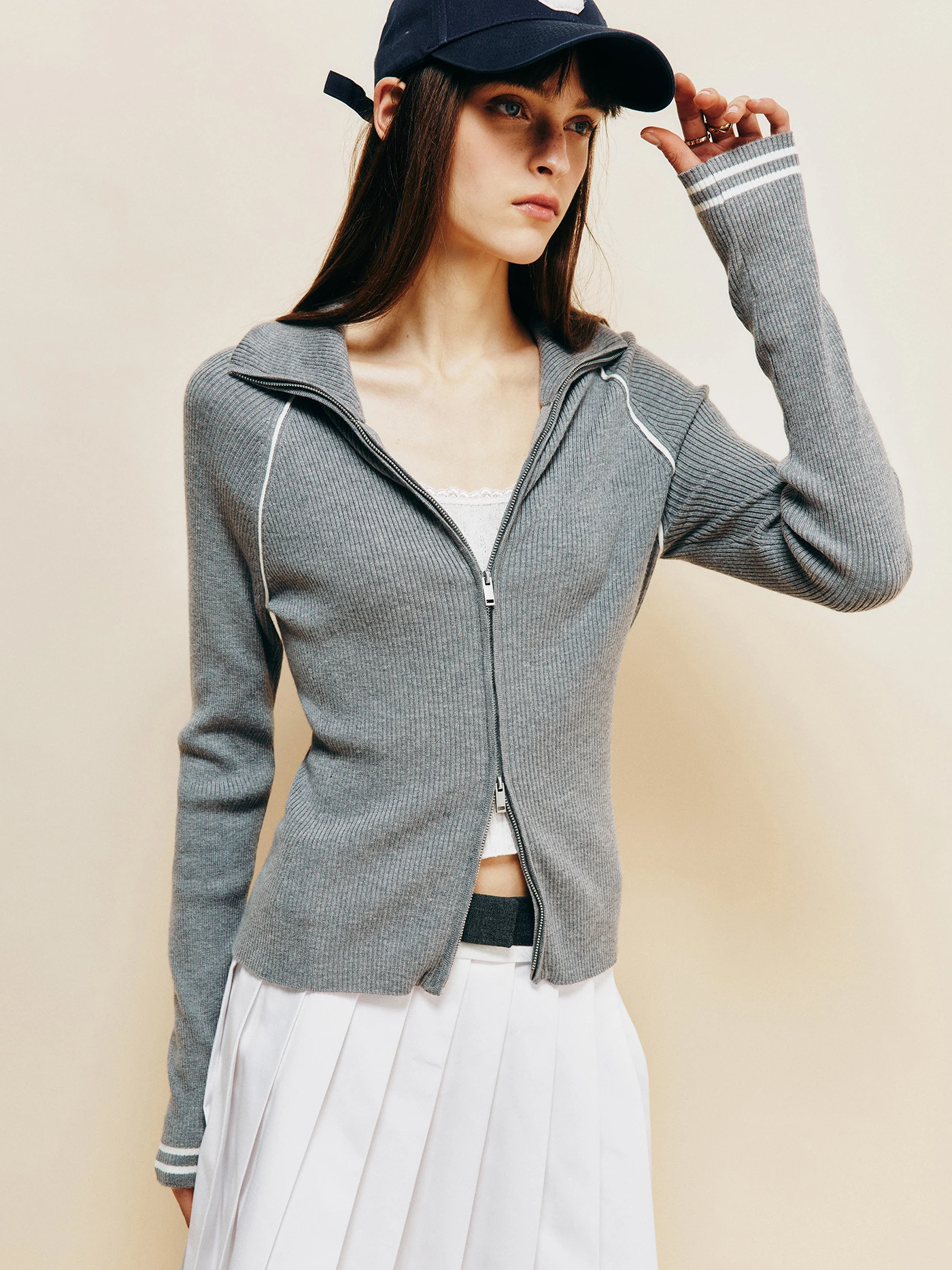 

Slim Fit Wool Blend Yarn Sport Casual Sle Stand Collar Two Way Zipper Knitted Open Cardigan for Women Soft Long Sve