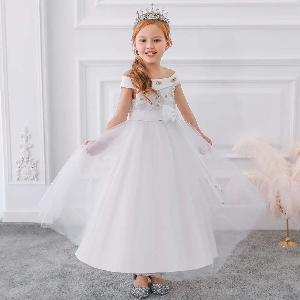 

Girls Elegant Dresses Kids Long Embroidered Clothes Flower Pearl Children Party Wedding Bridesmaid First Communion Girl Dresses