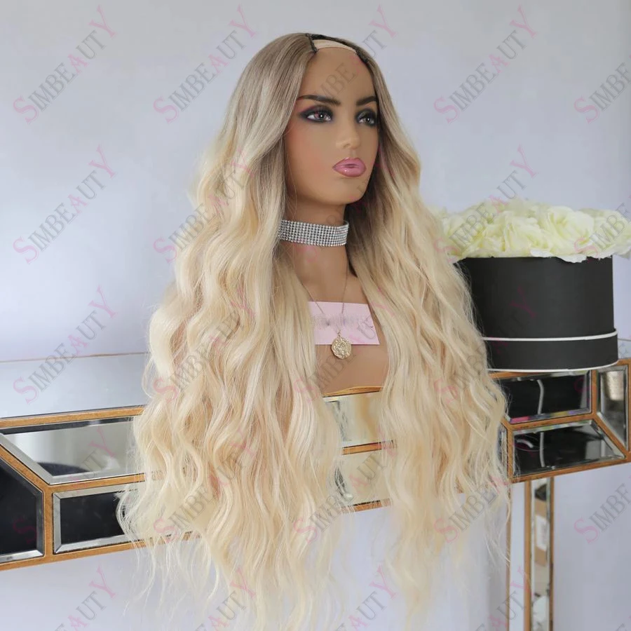 Ombre Platinum Blonde Rose Wavy U Part Wigs 1x4 Middle Open Human Hair Wig For Women Brazilian Remy 200density Full Machine Made