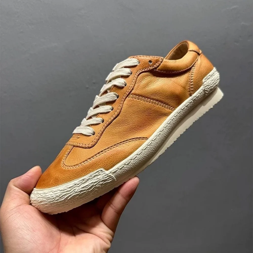 

QHCCID Summer Korean style Cowhide Sneakers Men's Casual Leather Shoes Comfortable Concise