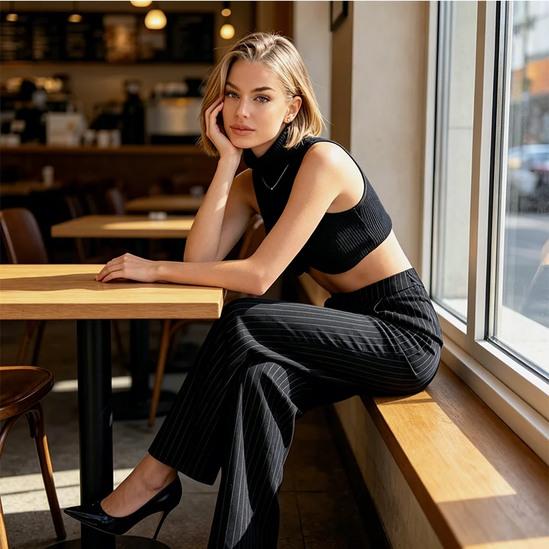 2026 Trendy Women Black High Neck Sleeveless Crop Top Irregular Shoulder Slim Fit Street Vest