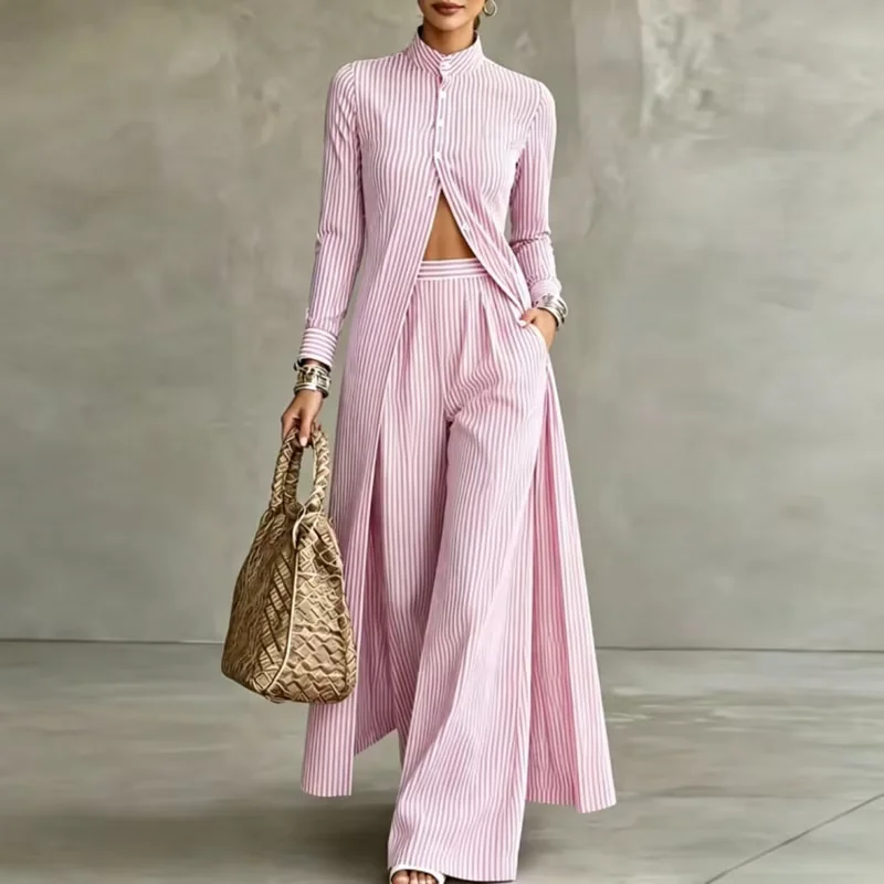 Autumn Stripe Print Two‑Piece Wide Leg Pants Set Ladies Stand Collar Open Front Blouse High Waist Trouser Suit Office Outfits