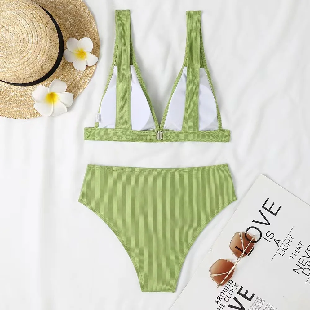 2024 Solid Small Pit Stripe High Waisted V-Neck Bikini Women Sexy Split Swimming Female Ribbed Two-Pieces Beach Swimsuit Suits