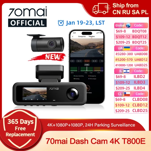 70mai cámara de salpicadero de 3 canales T800E 4K HDR F1.55 supercondensador de apertura Control de voz GPS coche DVR 70mai T800E WiFi 6 5GHz