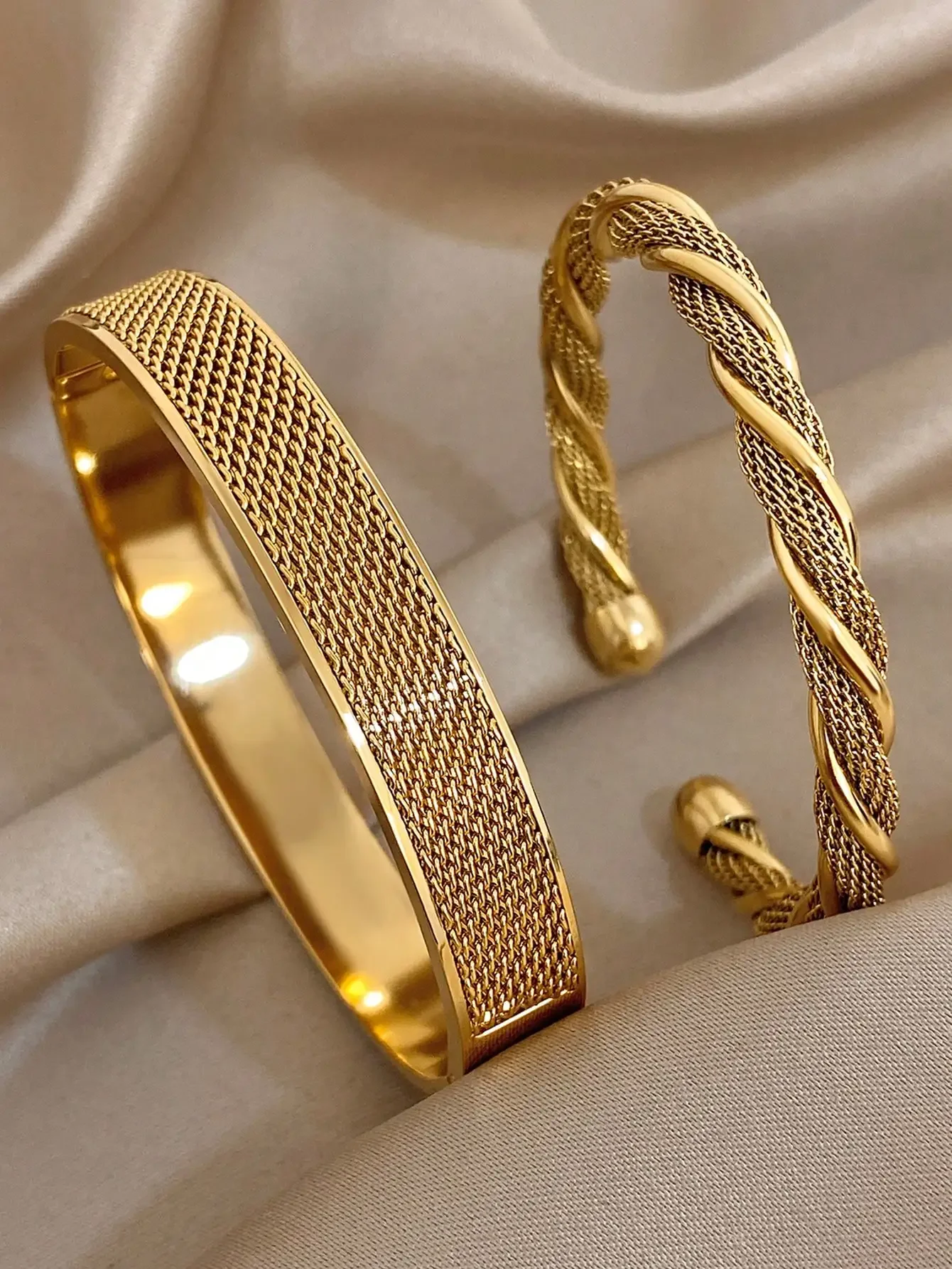 

18K Gold Plated Stainless Steel Luxury Elegant Braided Twist Bangle Set, Vintage Winter Jewelry For Women, Mother's Gift, Christ