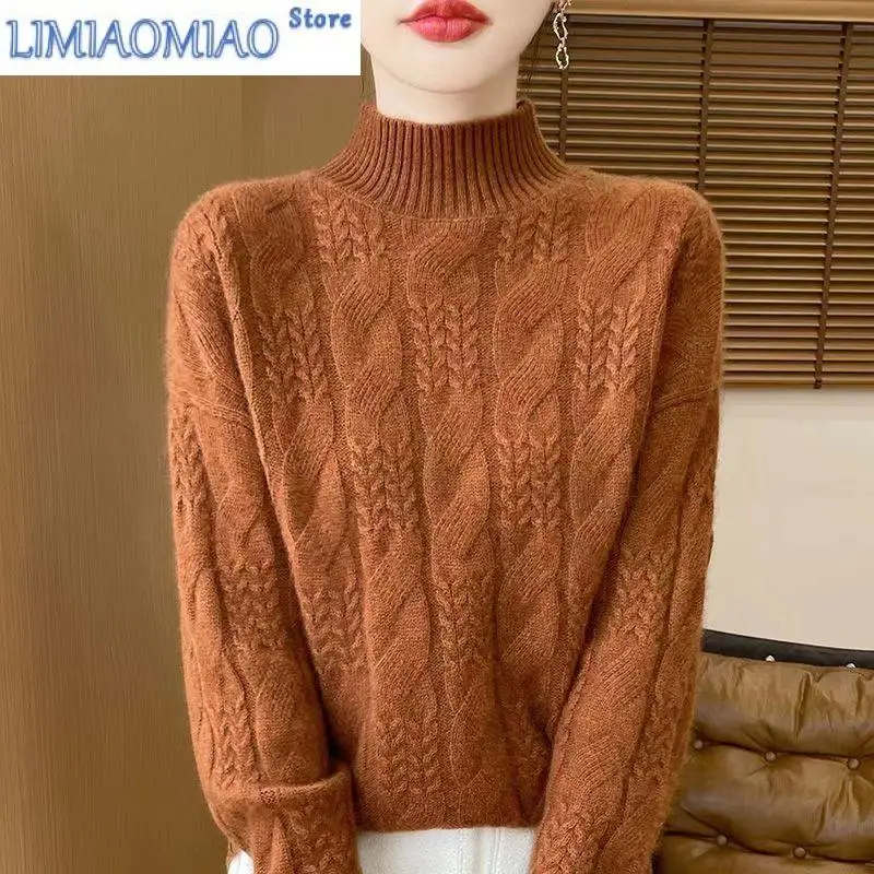 

Korean Solid Color Pullover Long Sleeve Autumn Winter Half High Collar Sweater Knitted Casual Women's Clothing Fashionable Tops