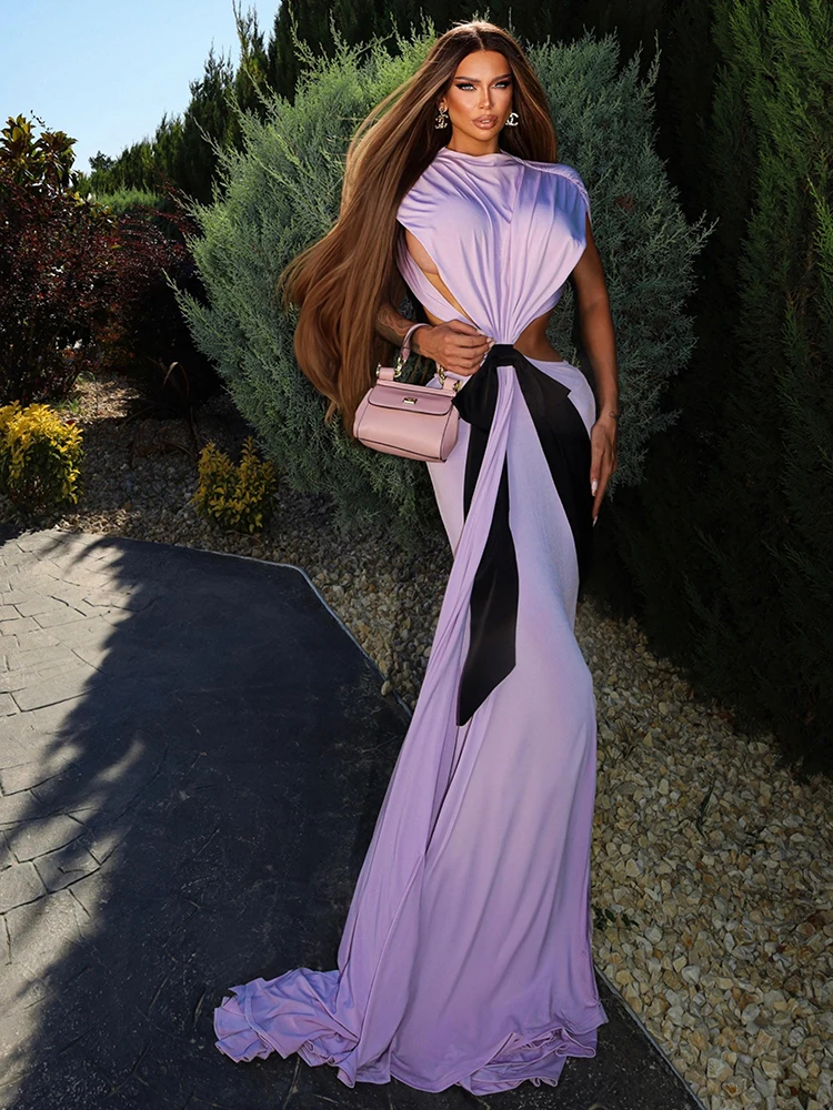 VC Stijlvolle chique witte halter mouwloze rugloze uitsnijding met strikdetail maxi-jurk avondjurk