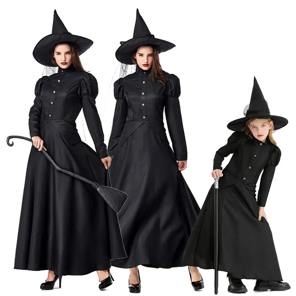 

Magician Dress Black Witch Play Parent-child Costume Wicked Witch Costume Black Full Length Dress Halloween Cosplay Costume