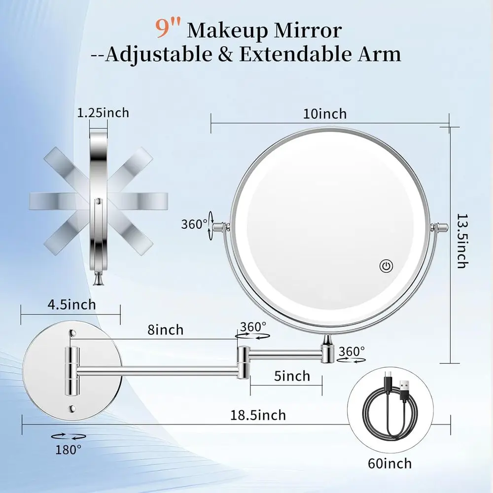 10 Dual-Sided LED Lighted Makeup Mirror, 4500mAh Rechargeable, 3 Color Modes, Touch-Dimmable, Extendable Arm, Chrome Finish