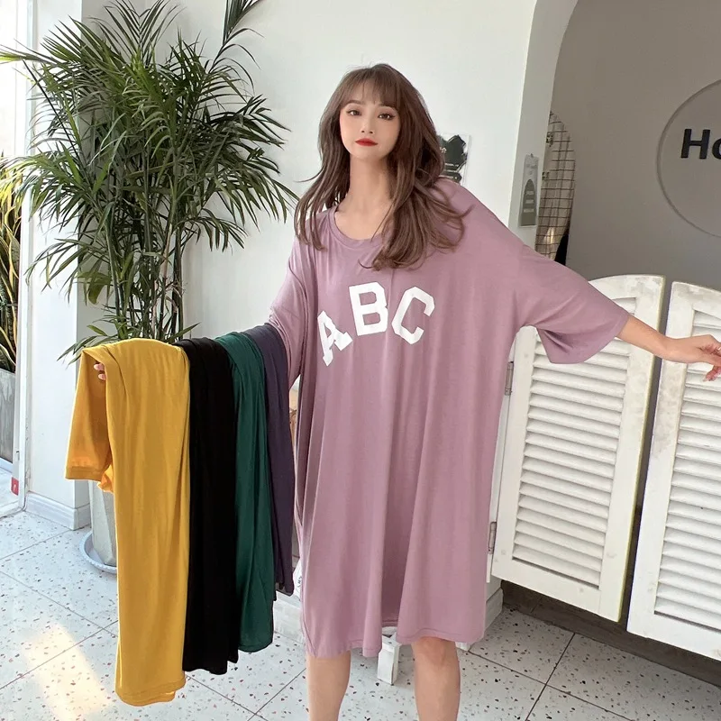 Summer Modal Letter Printed Nightgown Women's Plus Size Home Wear Dress Yellow Nightwear Round Collar Nightdress Outside Wear