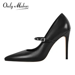 Onlymaker Women Pointed Toe Pumps Mary Jane Thin High Heel Shoes With Ankle Strap Balck Matte Pumps