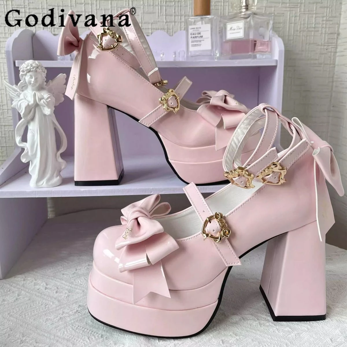 Sweet Cute Comfortable Chunky Platform Pumps Bowknot Leather Heel Students Girls Single Shoes