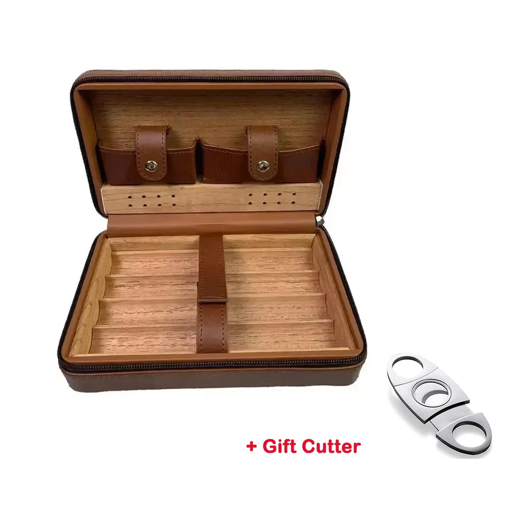 Cigar Case Travel Leather Cigar Box Storage of 4 Cedar Wood Cigar Humidor Kit Portable Cedarwood Humidifying Holder Accessories