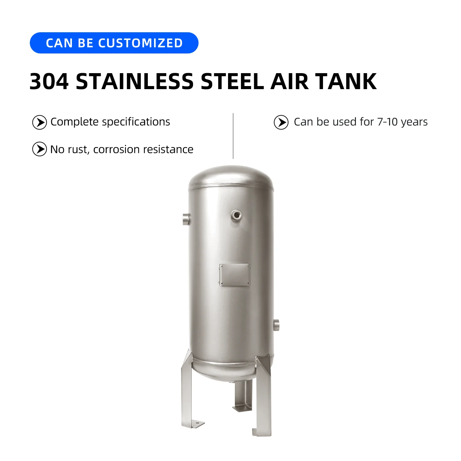 Serbatoio di pressione verticale in acciaio inossidabile 304 da 50 litri, piccolo serbatoio di stoccaggio dell'aria personalizzato, serbatoio di pressione con tampone sottovuoto, esmerilato orizzontale