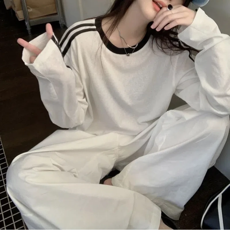 Lazy Style Contrast Striped Loose Tops Summer New Long Sleeve Thin Youth Street Casual T Shirts Fashion Korean Women Clothing