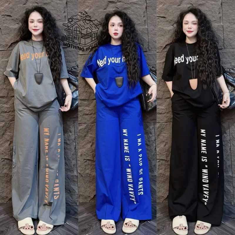 

Модный женский летний костюм с принтом в виде букв, короткий рукав, свободные широкие брюки, повседневный комплект из двух предметов