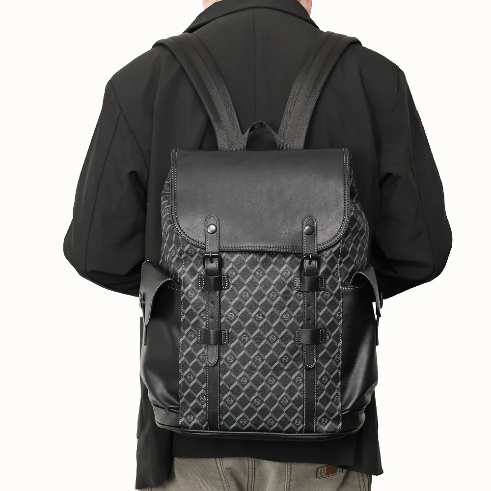 ​Men's Checkered PU Leather Laptop Backpack 2025: Slim Business Commuter Bag Spacious Anti-Theft Daypack