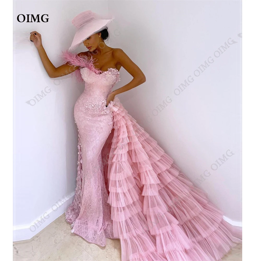 

OIMG Pink Long Mermaid Long Dubai Evening Party Dresses Lace Feather Sweetheart Applique Floor Length Prom Gowns Dress Vestidos