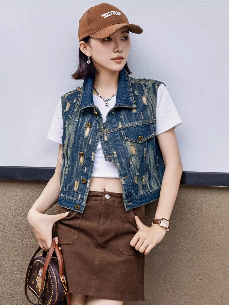 

Синий выцветший джинсовый жилет, женский весенне-осенний новый верхний воротник Sle No Sve, застежка на одной пуговице, чистый цвет, модный дизайн