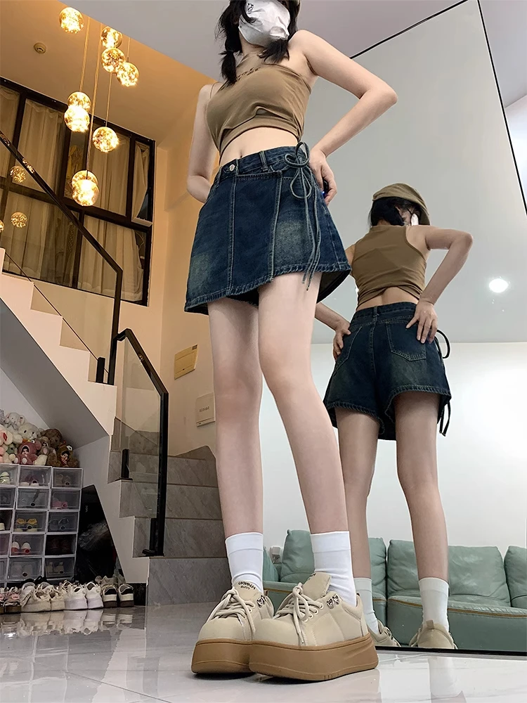 กระโปรงยีนส์ทรงเอเอวสูงแบบมีเข็มขัดสไตล์เรโทรสำหรับผู้หญิง ไซส์เล็ก ใส่สบาย ป้องกันแสง กระชับสัดส่วน เหมาะสำหรับฤดูร้อน