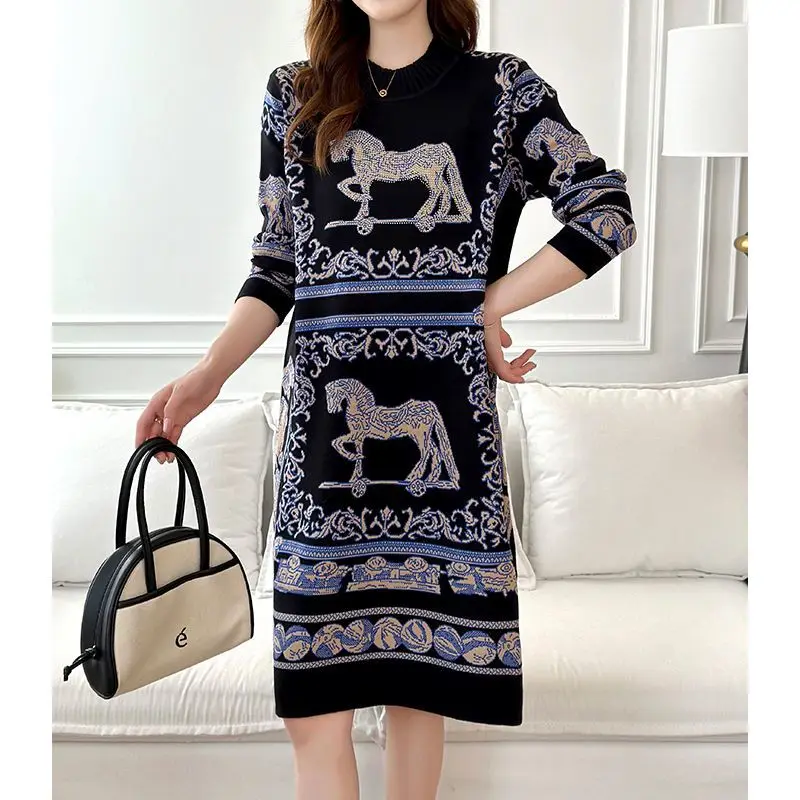 Vestidos de punto de tejido Jacquard para mujer, manga larga, vestido inferior femenino hasta la rodilla, negro, alta calidad, nueva moda, 2024