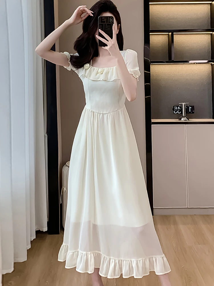 Mulheres coreano vintage luxo vestido de noite verão branco chiffon gola quadrada puff manga vestido 2025 babados bodycon vestidos