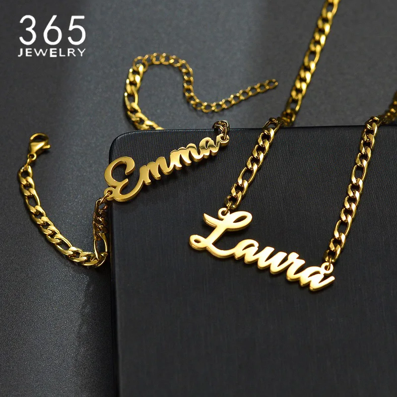 365 Customized Name Necklaces Bracelets Set Stainless Steel Personalized Nameplate Figaro Chain Men Women Jewelry Festival Gifts