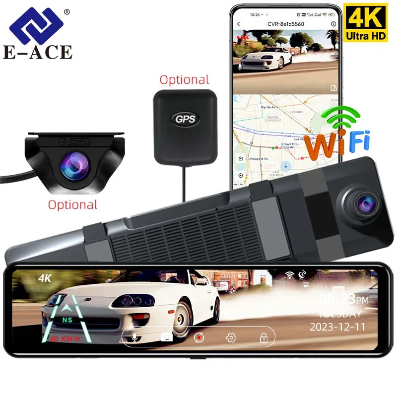 

E-ACE 12'' For Car Touch Screen Video Recorder Rearview Mirror 4K WIFI Dash Cam Front Optional 1080P Rear GPS Camera Mirror DVR