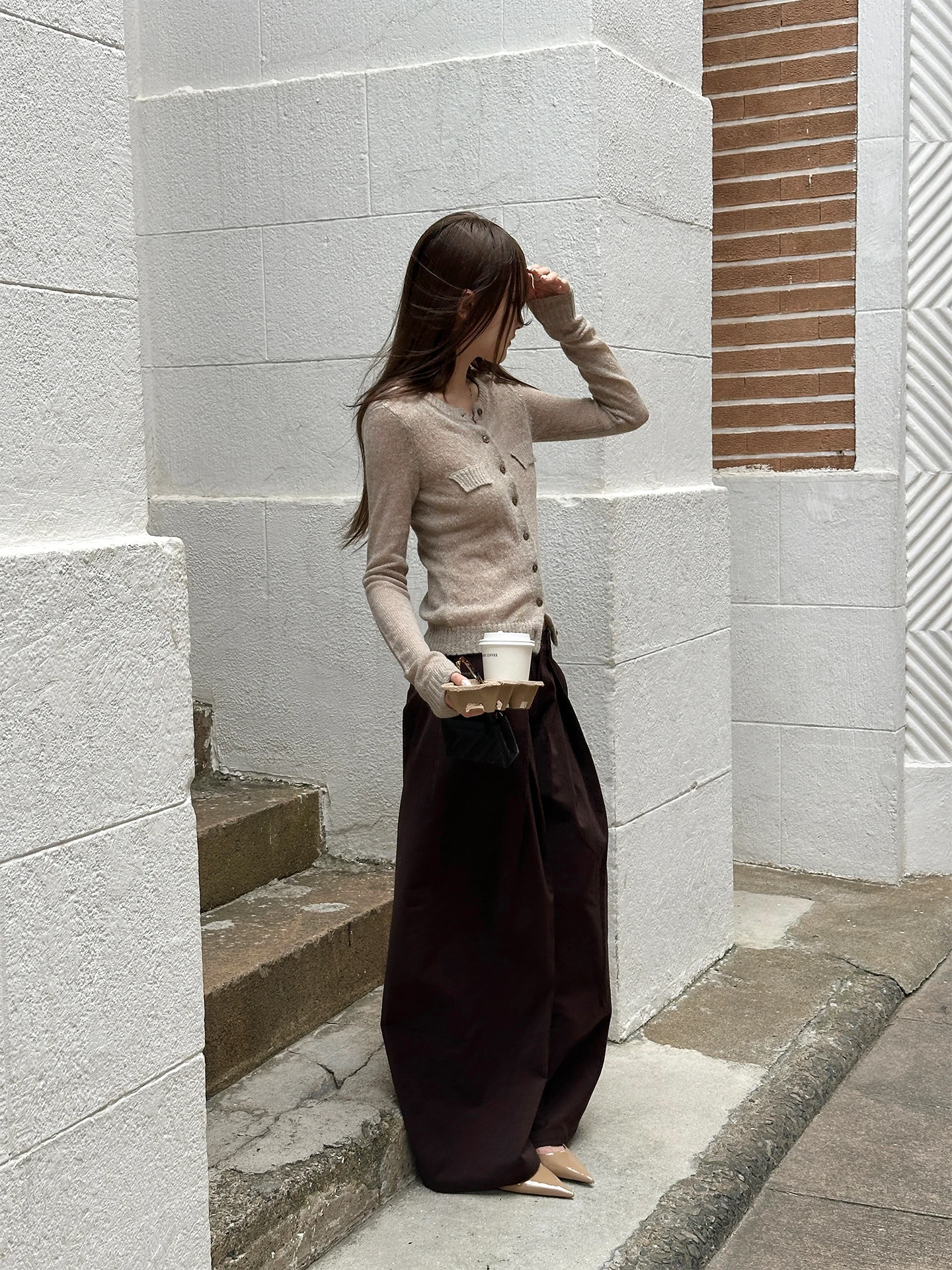 Enchanted  Brown Double Pleat Wide Leg Casual Pants Low Waist Zipper Cotton Loose Fit Straight Tube No Stretch