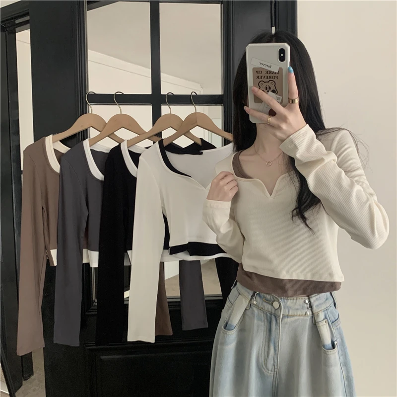 

Women Chic Autumn New V-neck Long-sleeved T-shirt Blouses Tops Harajuku Kpop Korean Y2k Crop Top