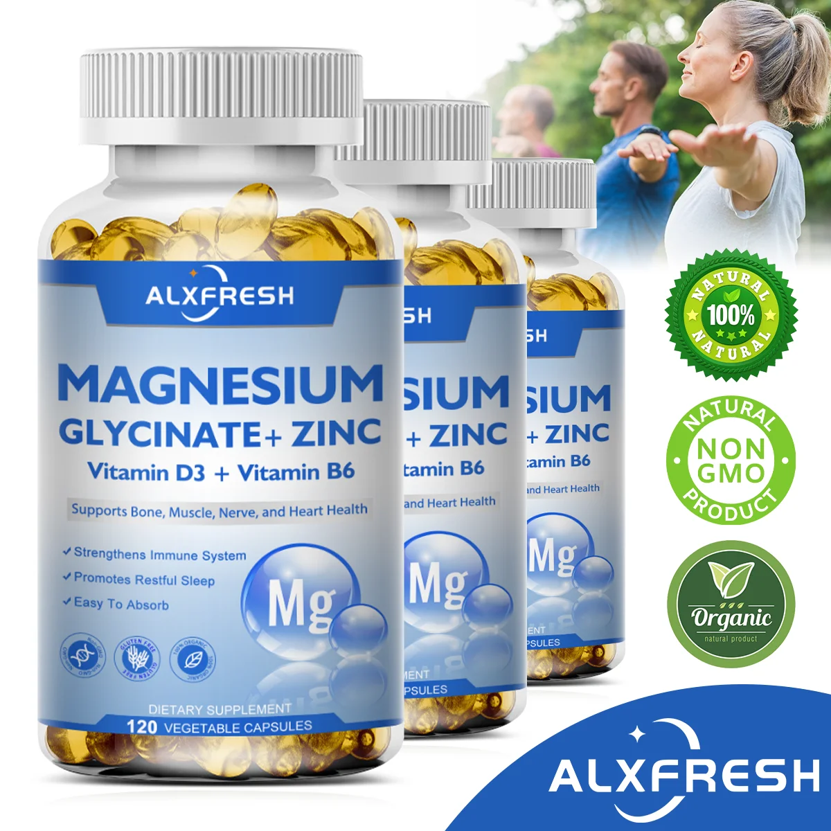 Suplemento Glicinato de Magnésio com Zinco, Vitamina D3 B6, Facilidade Nervos, Músculos, Articulações, Cérebro, Memória, Sono, Apoio Calmo, 500mg