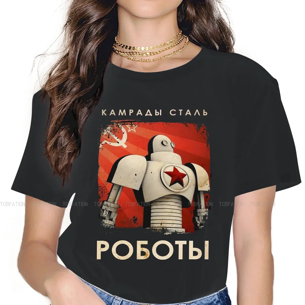 Russian USSR CCCP Women T Shirt Vintage Soviet Union Comrades of Steel Robot Propaganda Female Tops 4XL Tees Ladies Tshirt