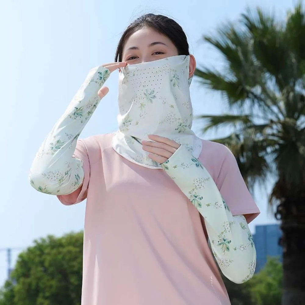 

3pcs Breathable Floral Ice Silk Mask Quick Drying UPF50+ Ice Silk Sunscreen Sleeves Neck Scarf Drawstring Women Sunscreen Veil