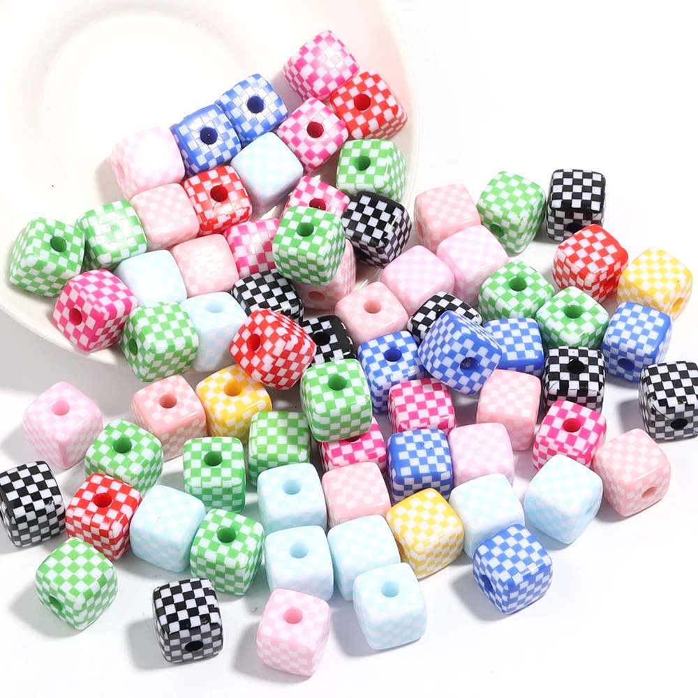 10Pcs/Lot 13mm Acrylic Square Beads Colorful Checkerboard Straight Hole Spacer Beads For Bracelet Necklace Diy Jewelry Making