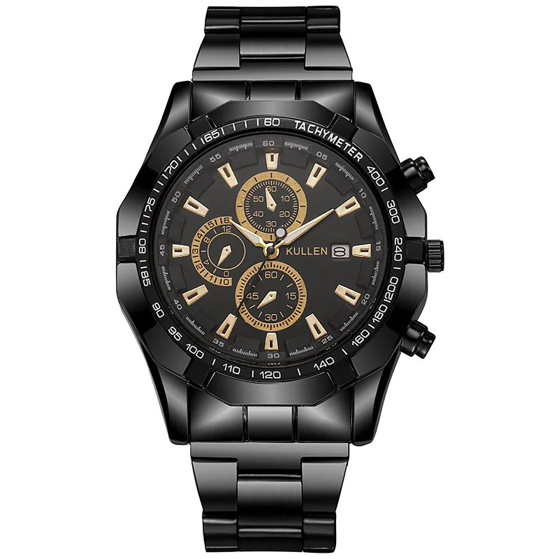 Relógio de pulseira de aço de quartzo com mostrador de escala mista de três olhos da moda empresarial