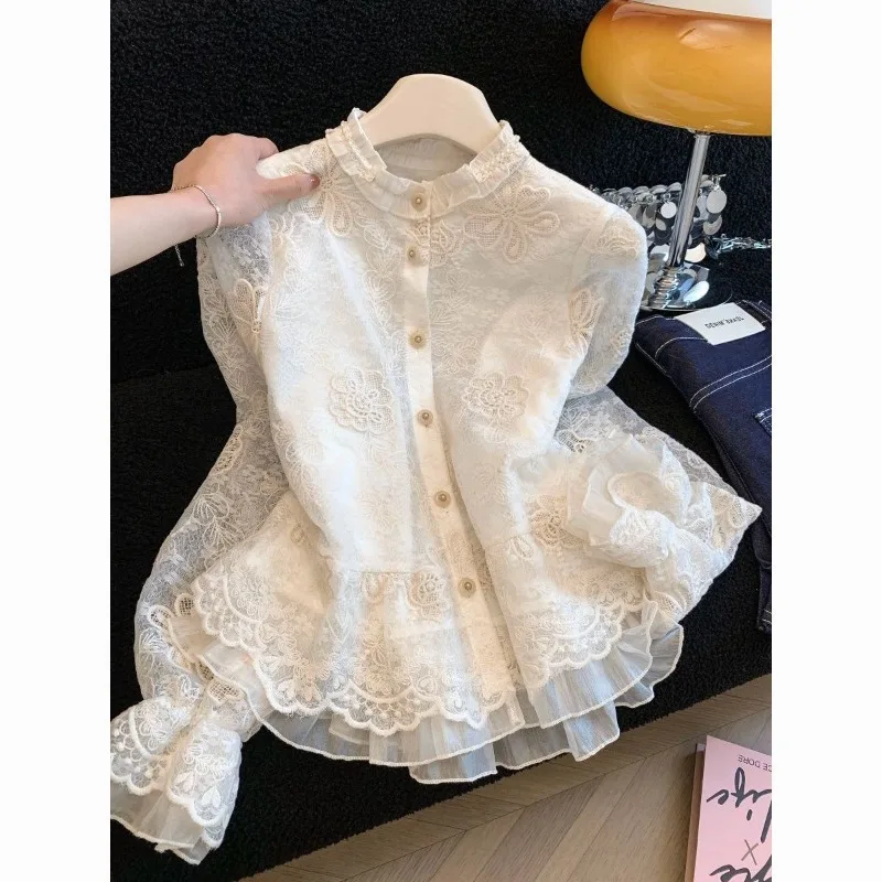 Lace Embroidered Waist Shirt Women's Thin and Versatile 2026 Spring New Foreign-style Lotus Leaf Edge Splicing Long-sleeved Top